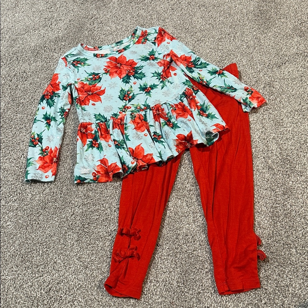Posh Peanut Winter Lily Silver Foil peplum and bow leggings matching set 3T-4T‎